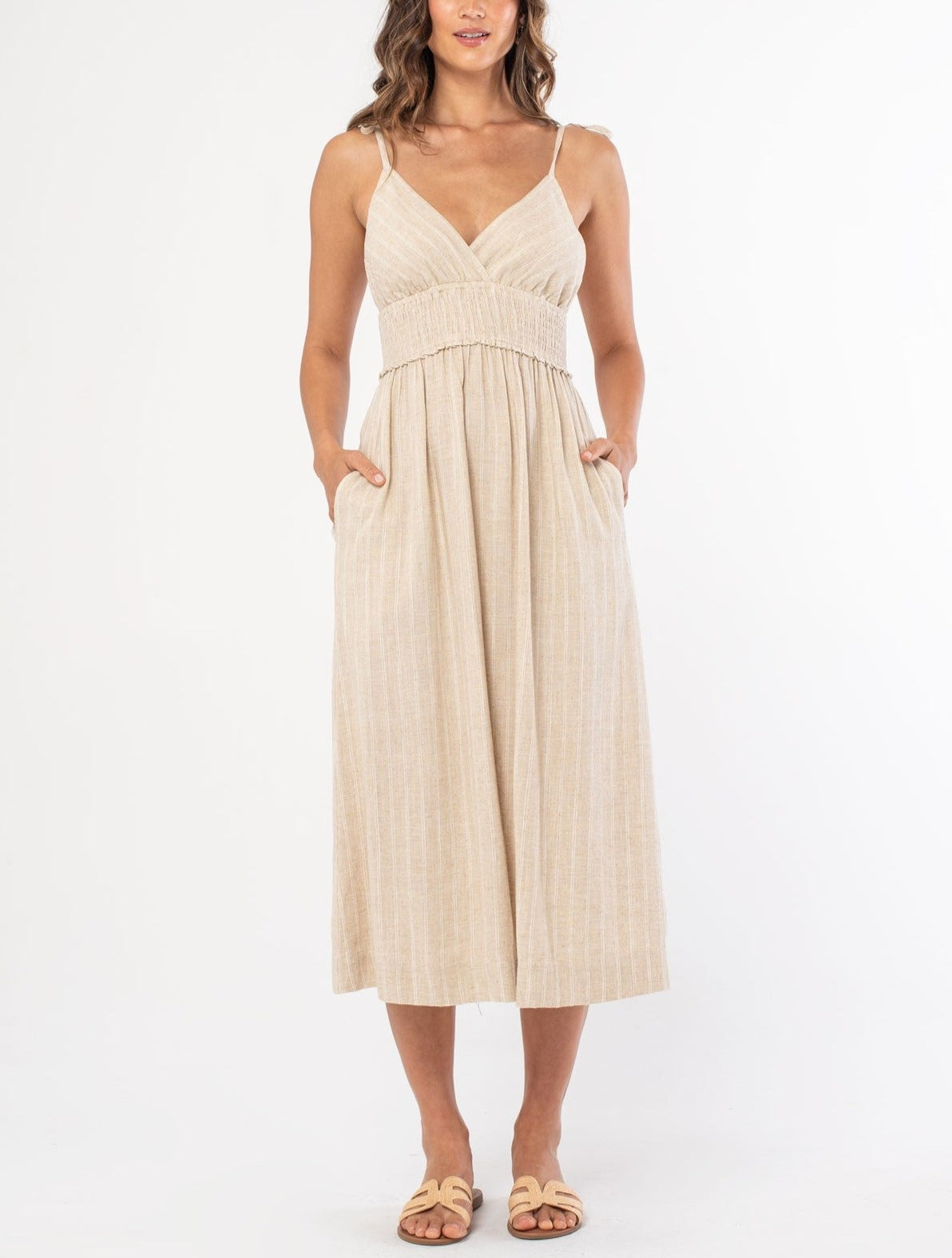 Neutral Striped Smocked Linen Midi Dress