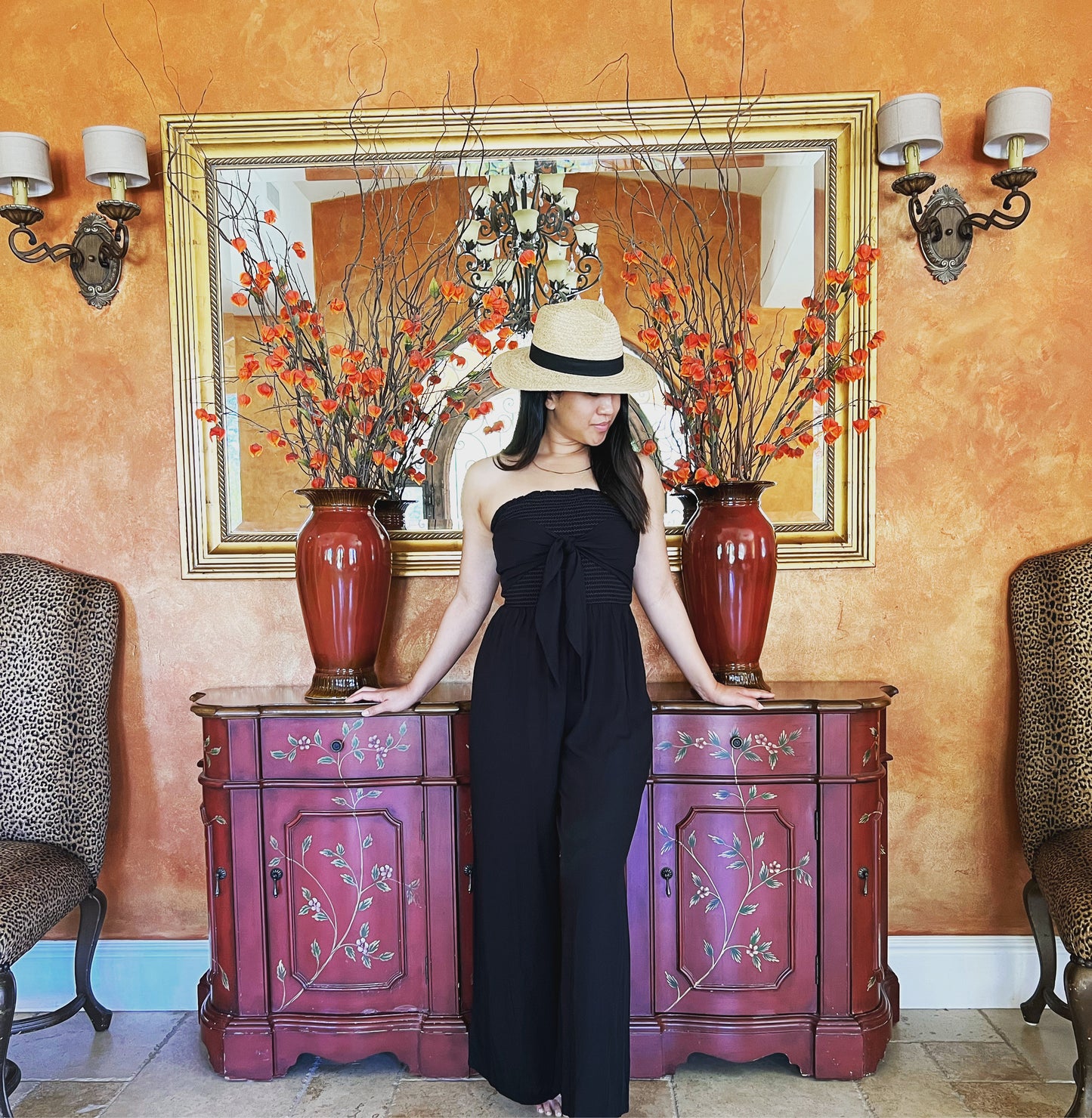 Front Tie Smocked Jumpsuit