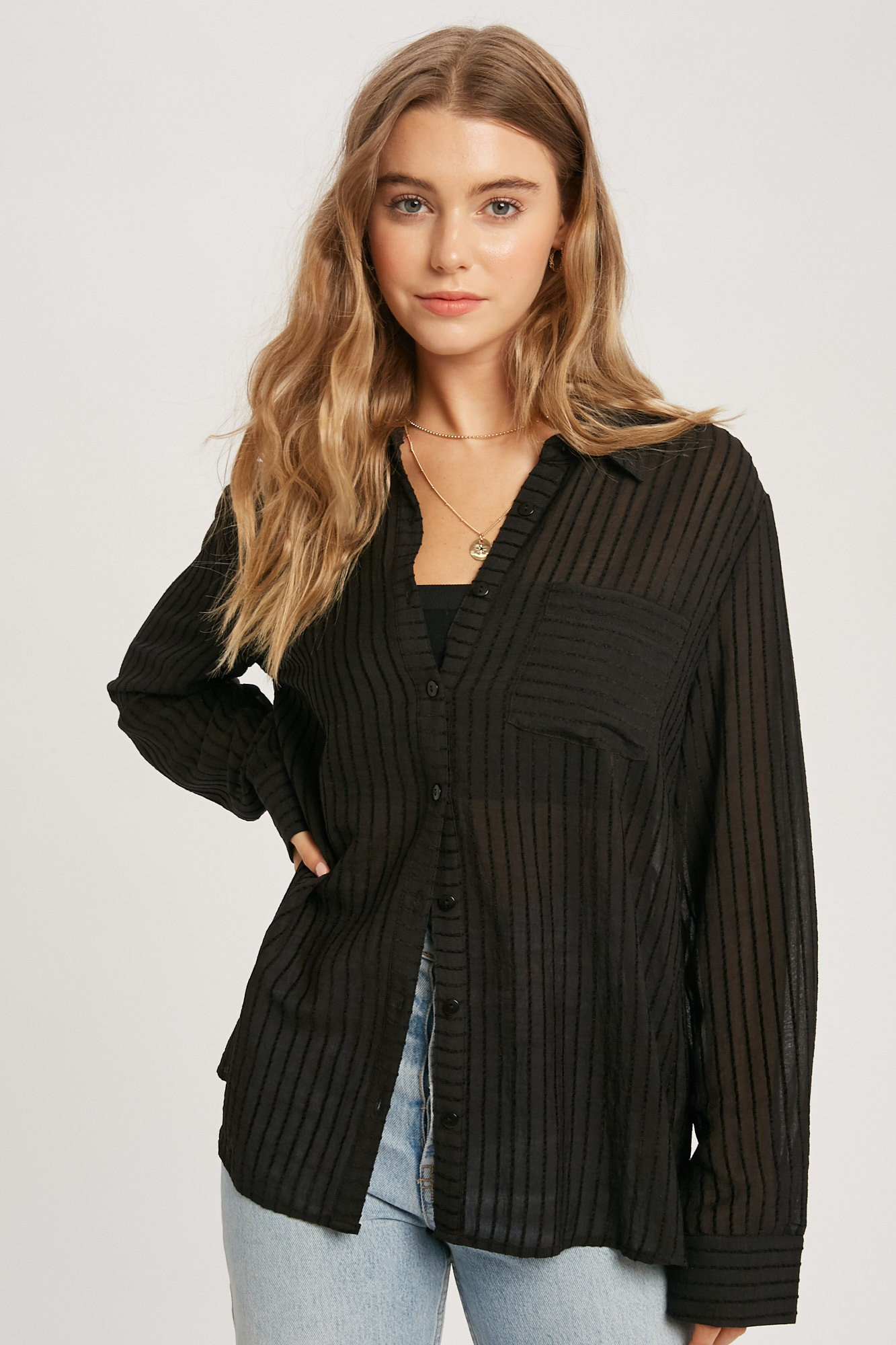 Button Down Textured Long Sleeve