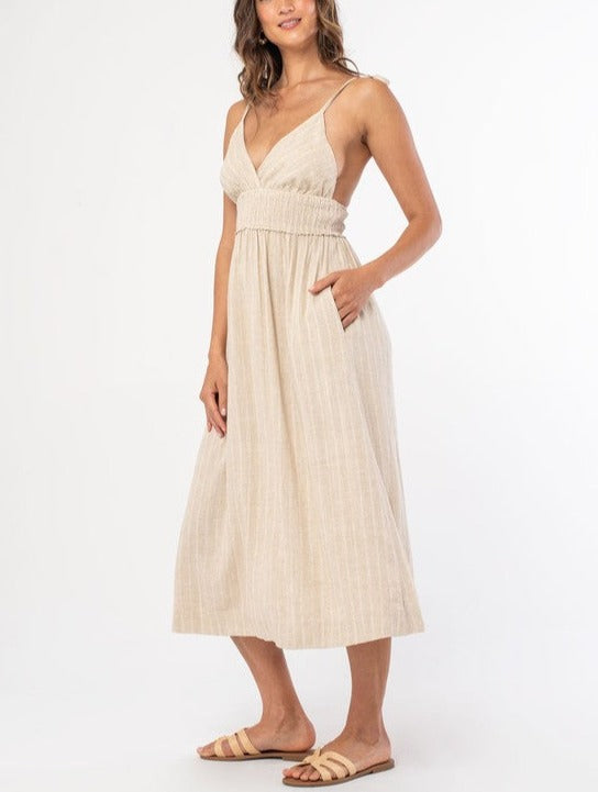 Neutral Striped Smocked Linen Midi Dress