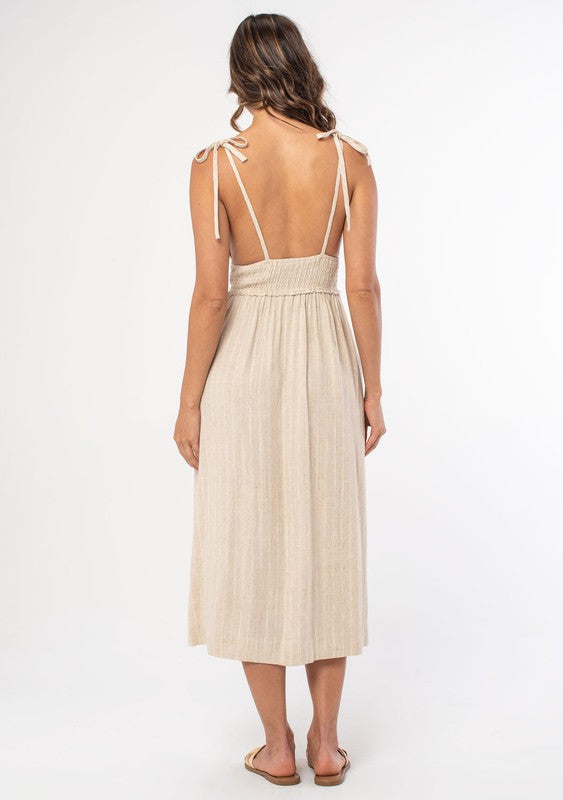 Neutral Striped Smocked Linen Midi Dress