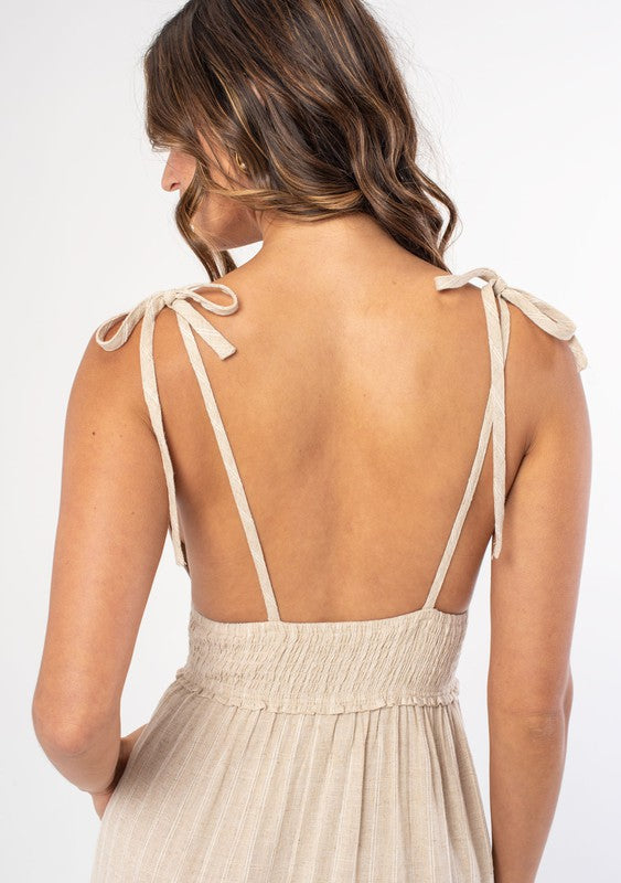 Neutral Striped Smocked Linen Midi Dress