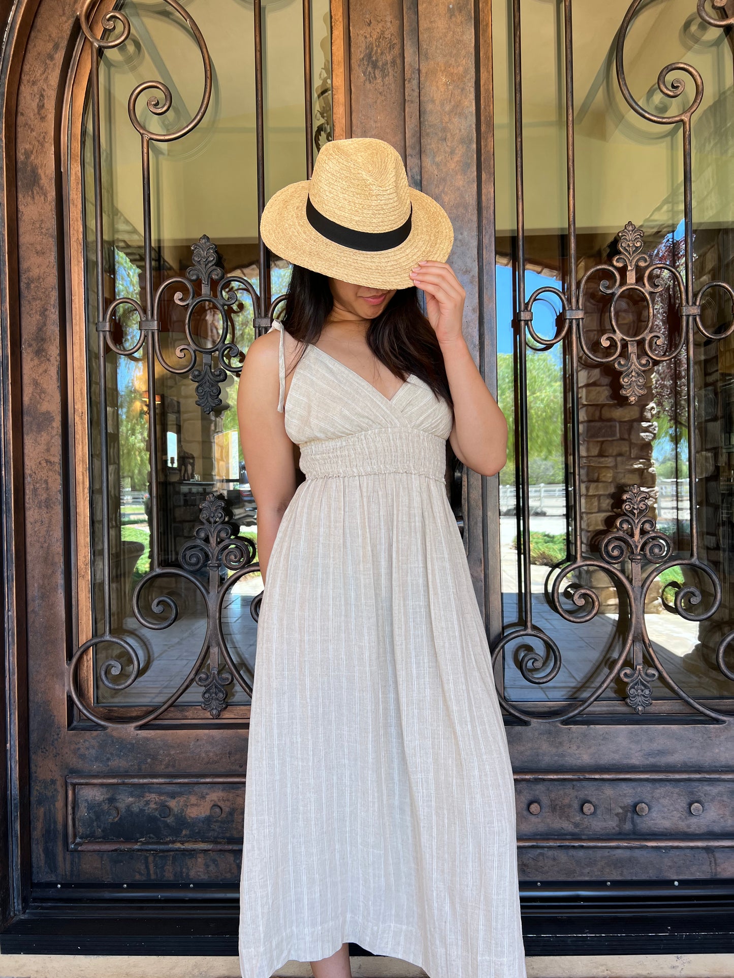 Neutral Striped Smocked Linen Midi Dress