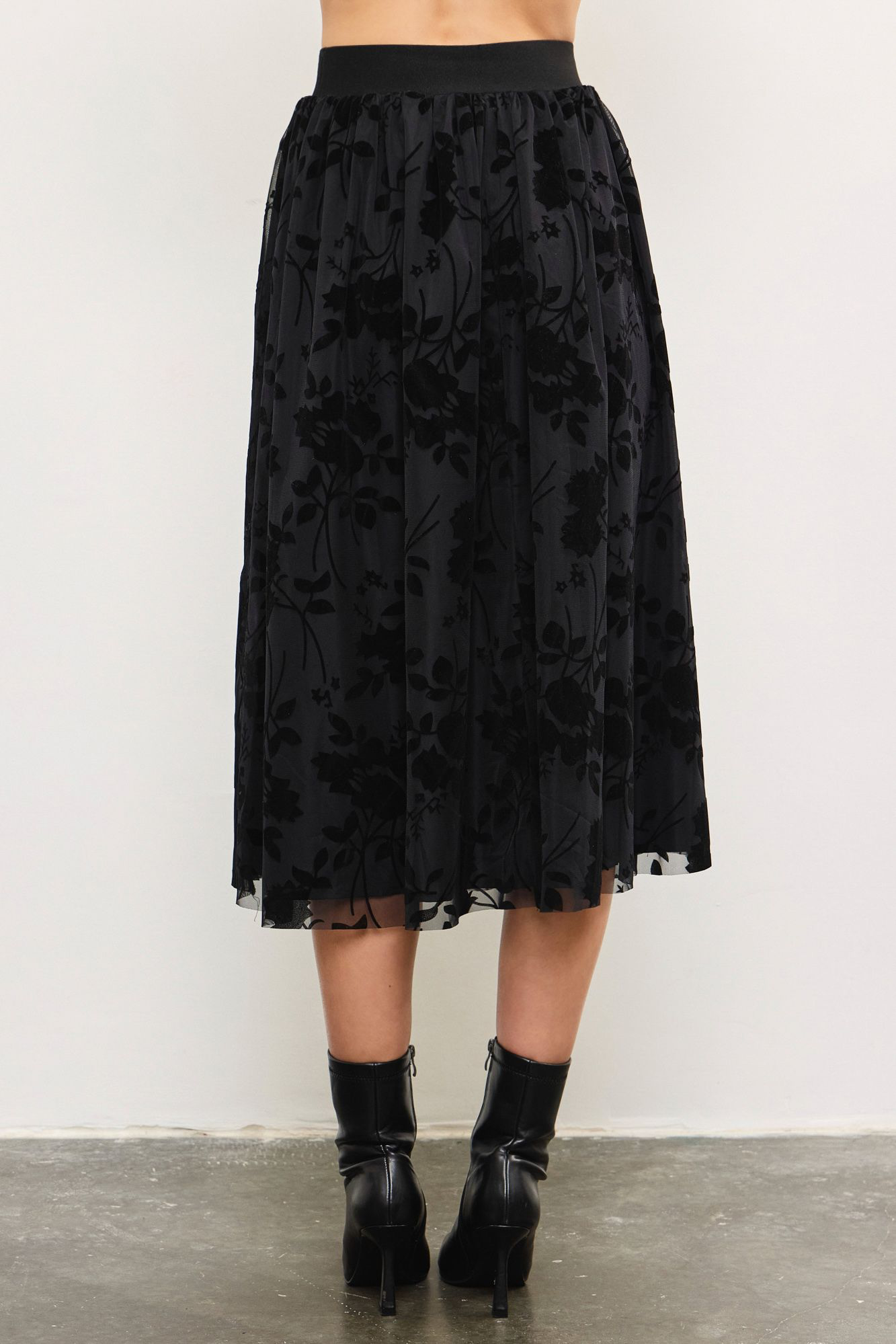 Velvet Floral Mesh Midi Flowy Skirt