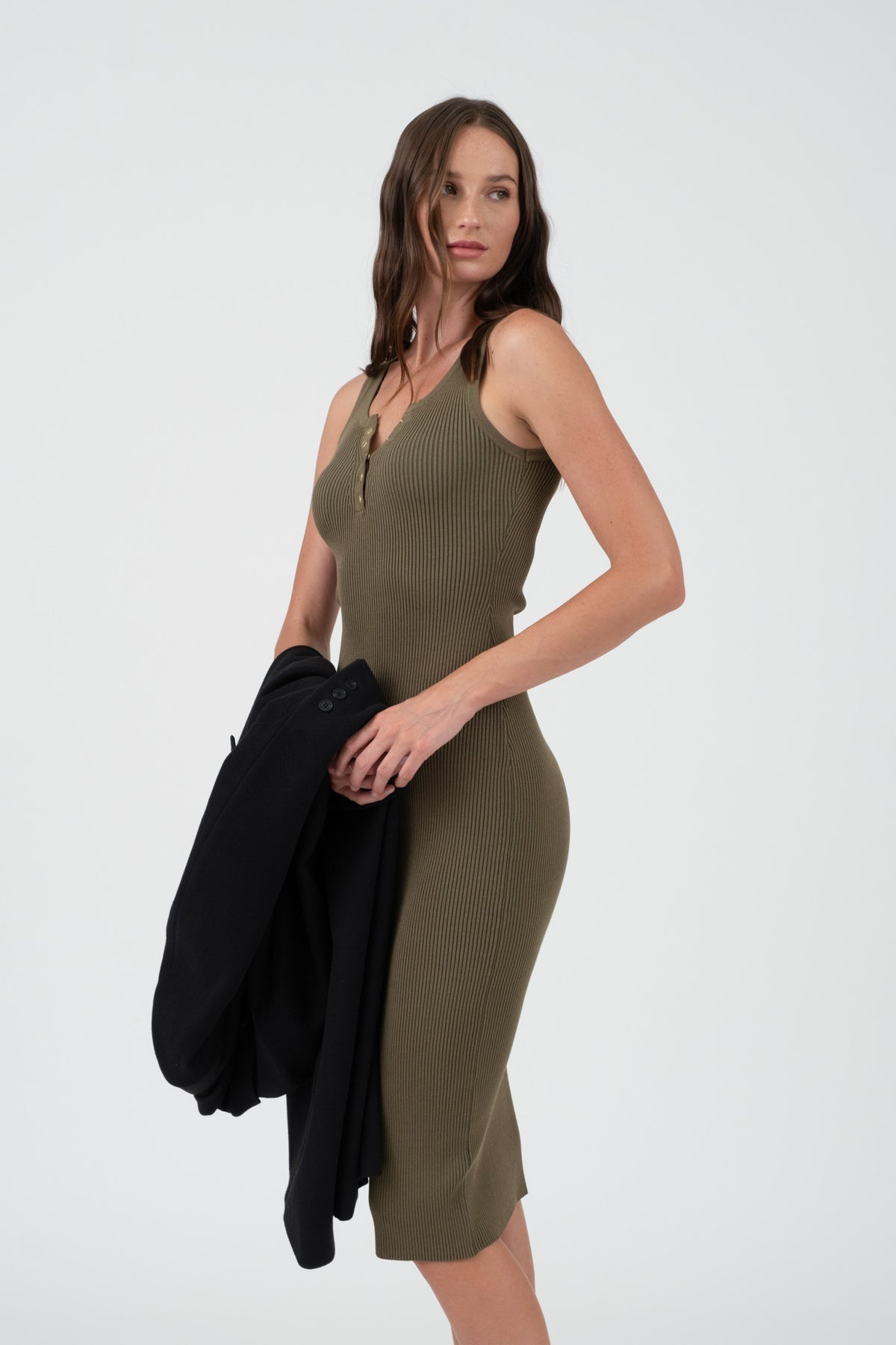 knee length dresses for ladies Black Textured Stripe Sleeveless Knit Midi Dress