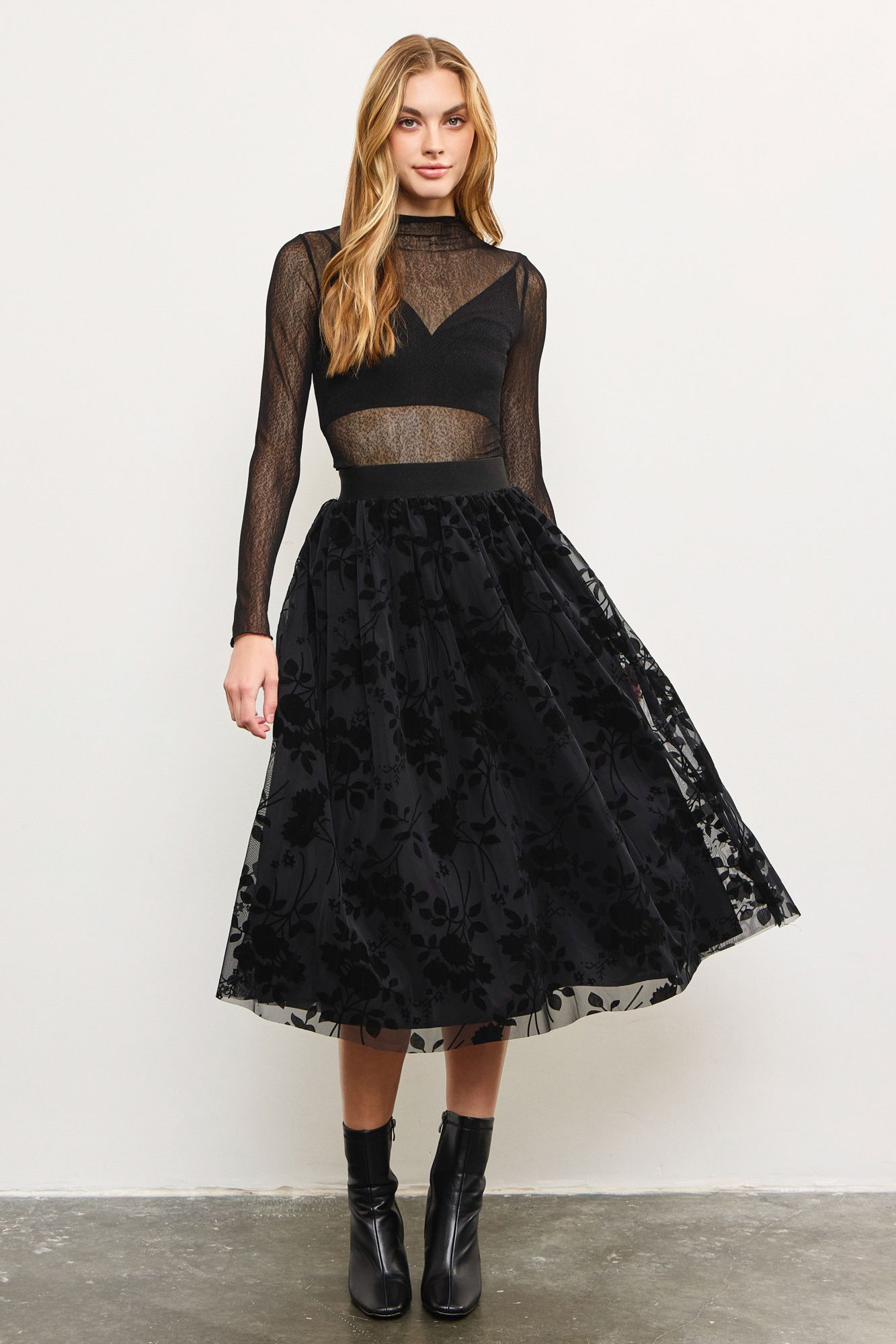 Velvet Floral Mesh Midi Flowy Skirt