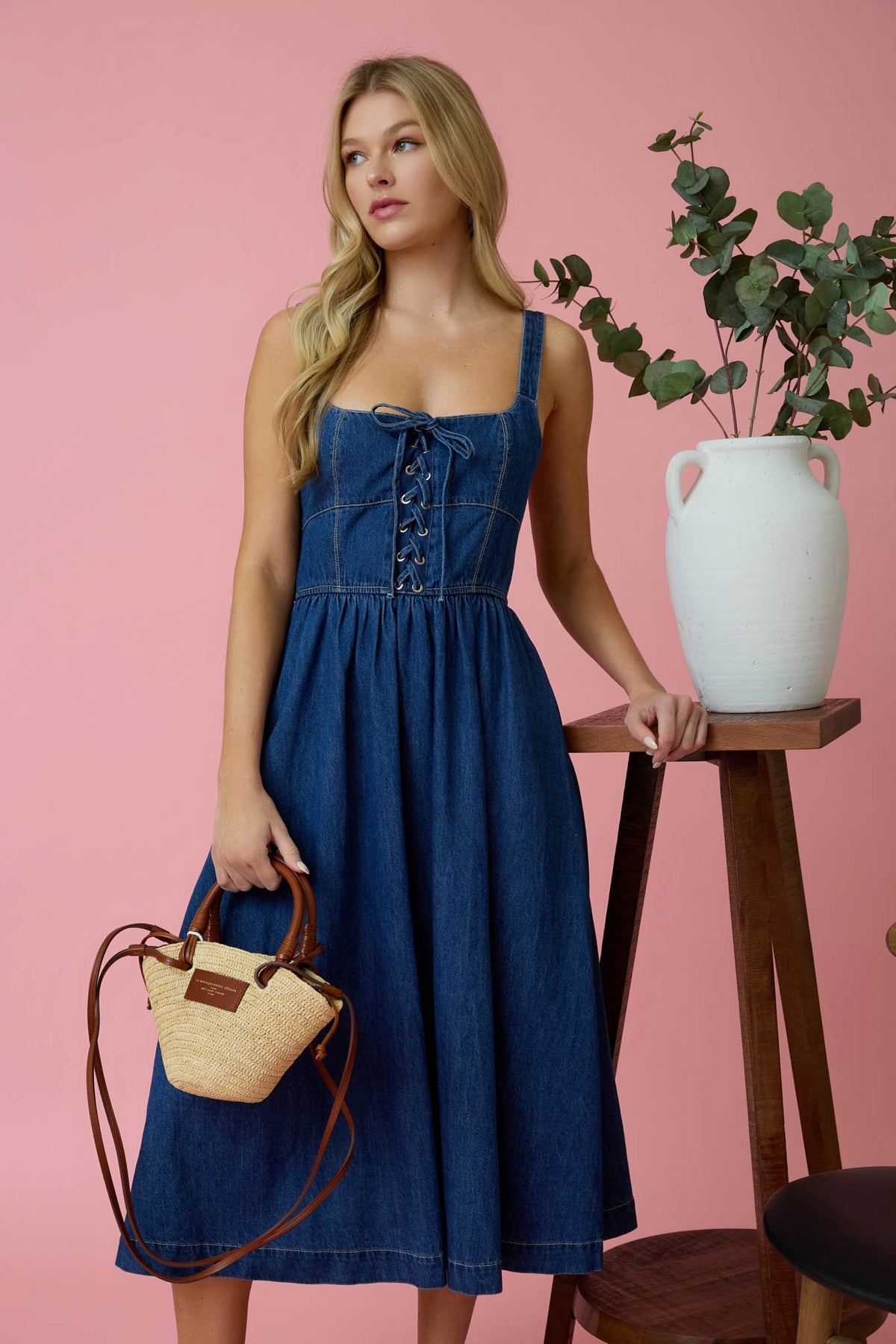 Lace Up Denim Dress