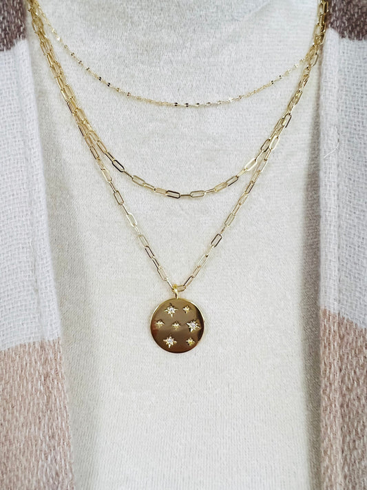 3 Layered Chain Necklace with Coin Pendant